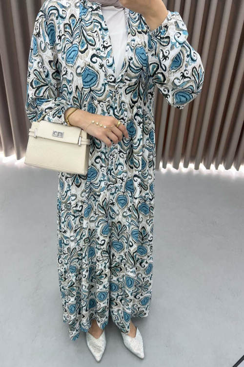 V Neck Patterned Dress Cyan