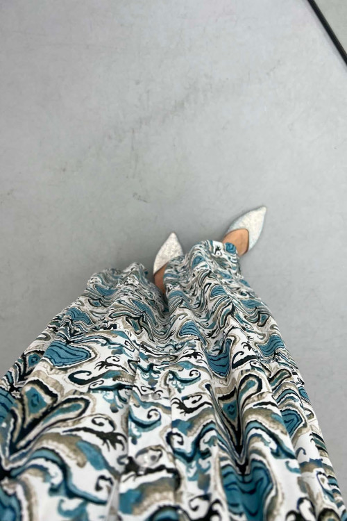 V Neck Patterned Dress Cyan