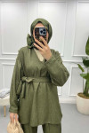 V Neck Gold Buttoned Suit Khaki