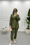 V Neck Gold Buttoned Suit Khaki