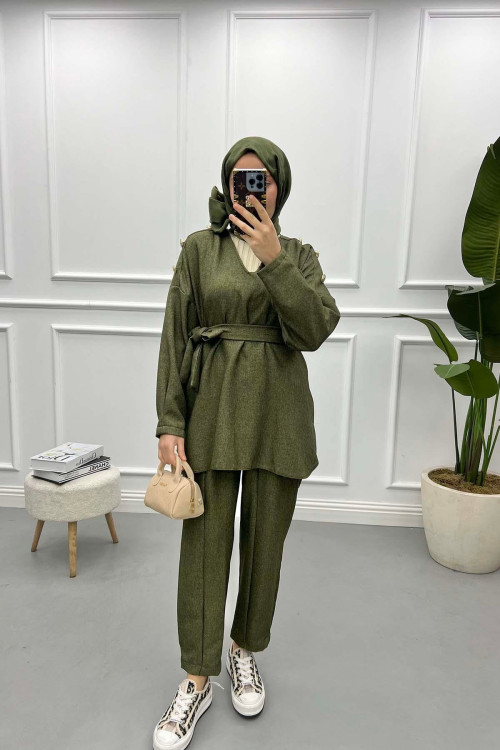 V Neck Gold Buttoned Suit Khaki