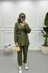 V Neck Gold Buttoned Suit Khaki