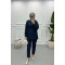 V Neck Gold Buttoned Suit Navy Blue