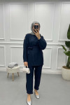 V Neck Gold Buttoned Suit Navy Blue