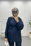 V Neck Gold Buttoned Suit Navy Blue
