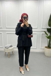 V Neck Gold Buttoned Suit Black