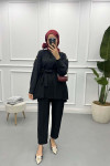 V Neck Gold Buttoned Suit Black