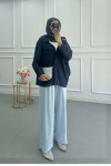 Sare Fashion V-Neck Linen Shirt Navy Blue