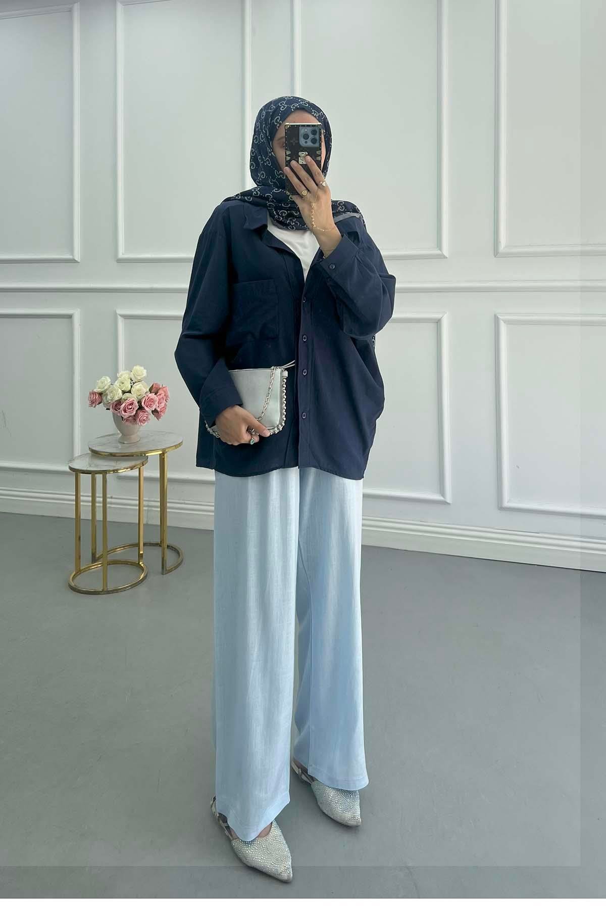 Sare Fashion V-Neck Linen Shirt Navy Blue
