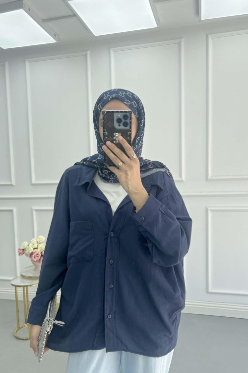 Sare Fashion V-Neck Linen Shirt Navy Blue