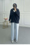 Sare Fashion V-Neck Linen Shirt Navy Blue