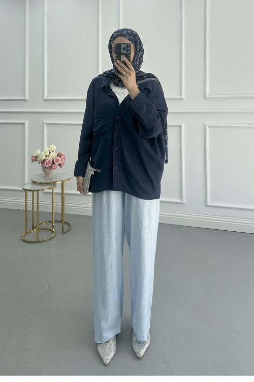 Sare Fashion V-Neck Linen Shirt Navy Blue