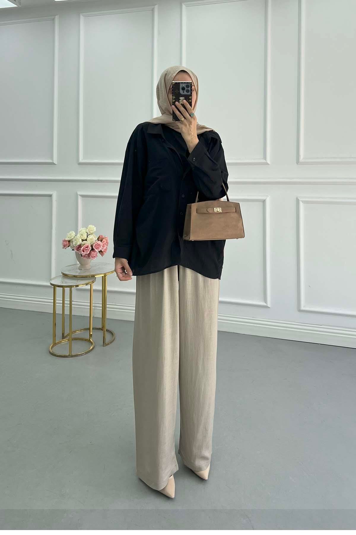 Sare Fashion V-Neck Linen Shirt Black