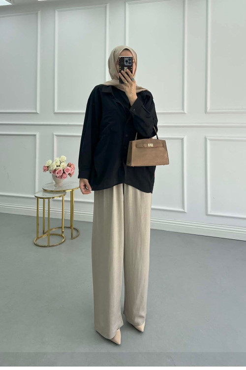 Sare Fashion V-Neck Linen Shirt Black