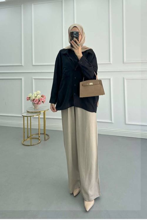 Sare Fashion V-Neck Linen Shirt Black