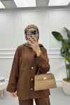 V Neck Side Slit Trouser Suit Brown