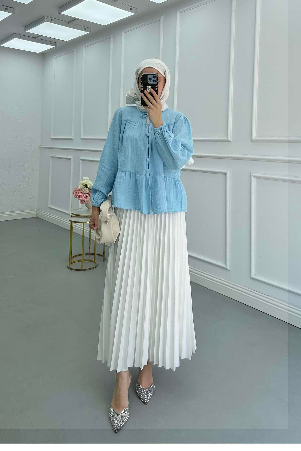 Sare Fashion Tied Collar Muslin Shirt Blue