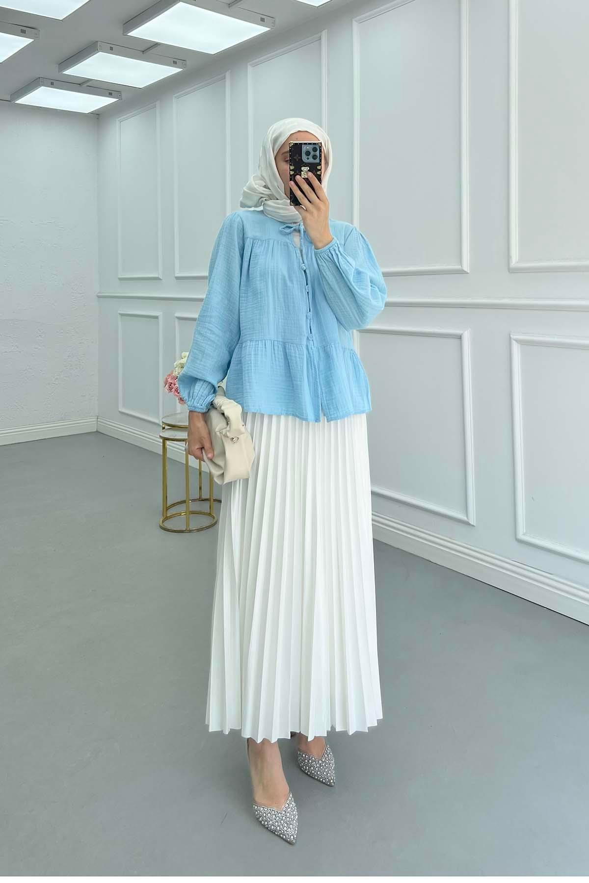 Sare Fashion Tied Collar Muslin Shirt Blue