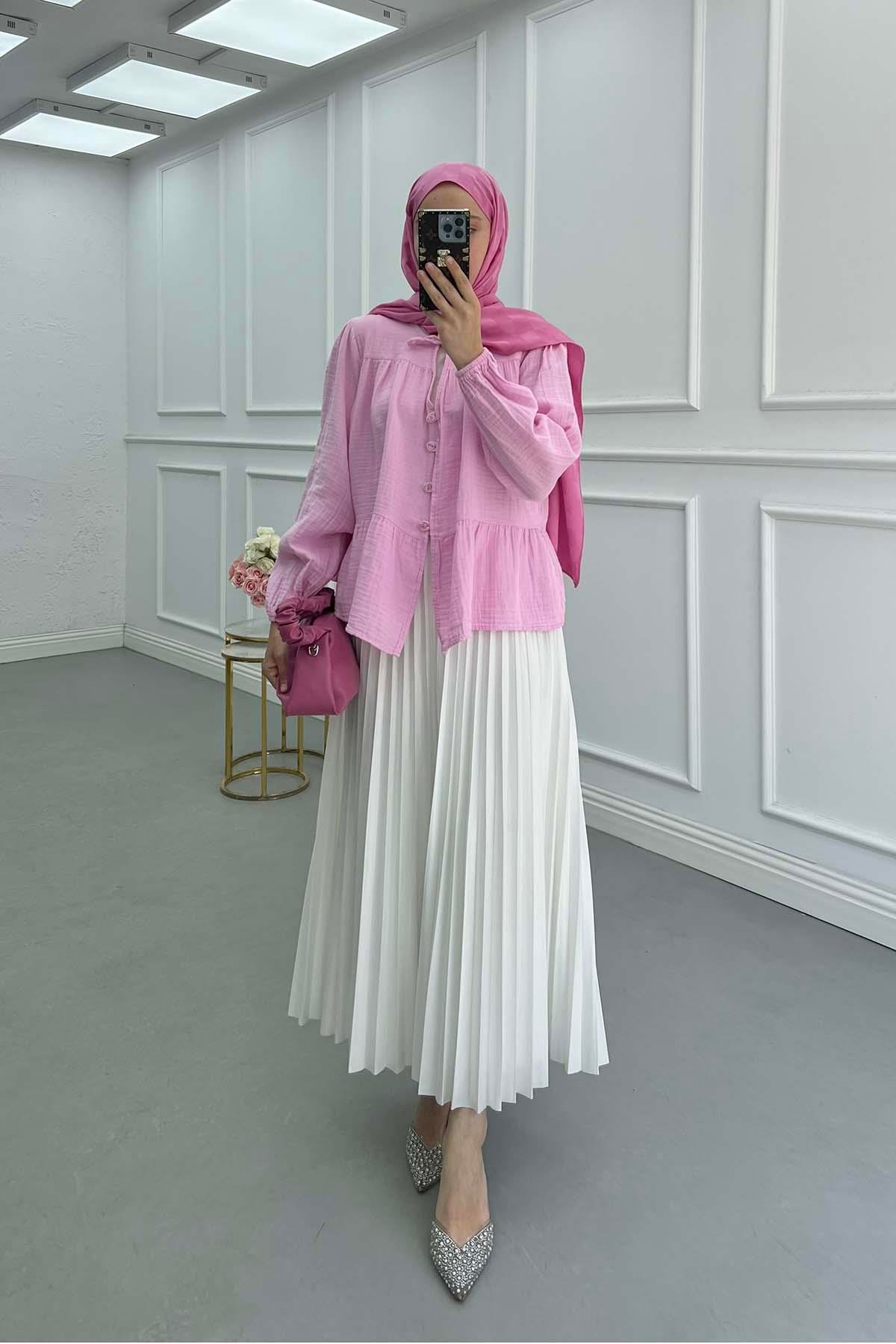 Sare Fashion Tie Collar Muslin Shirt Pink