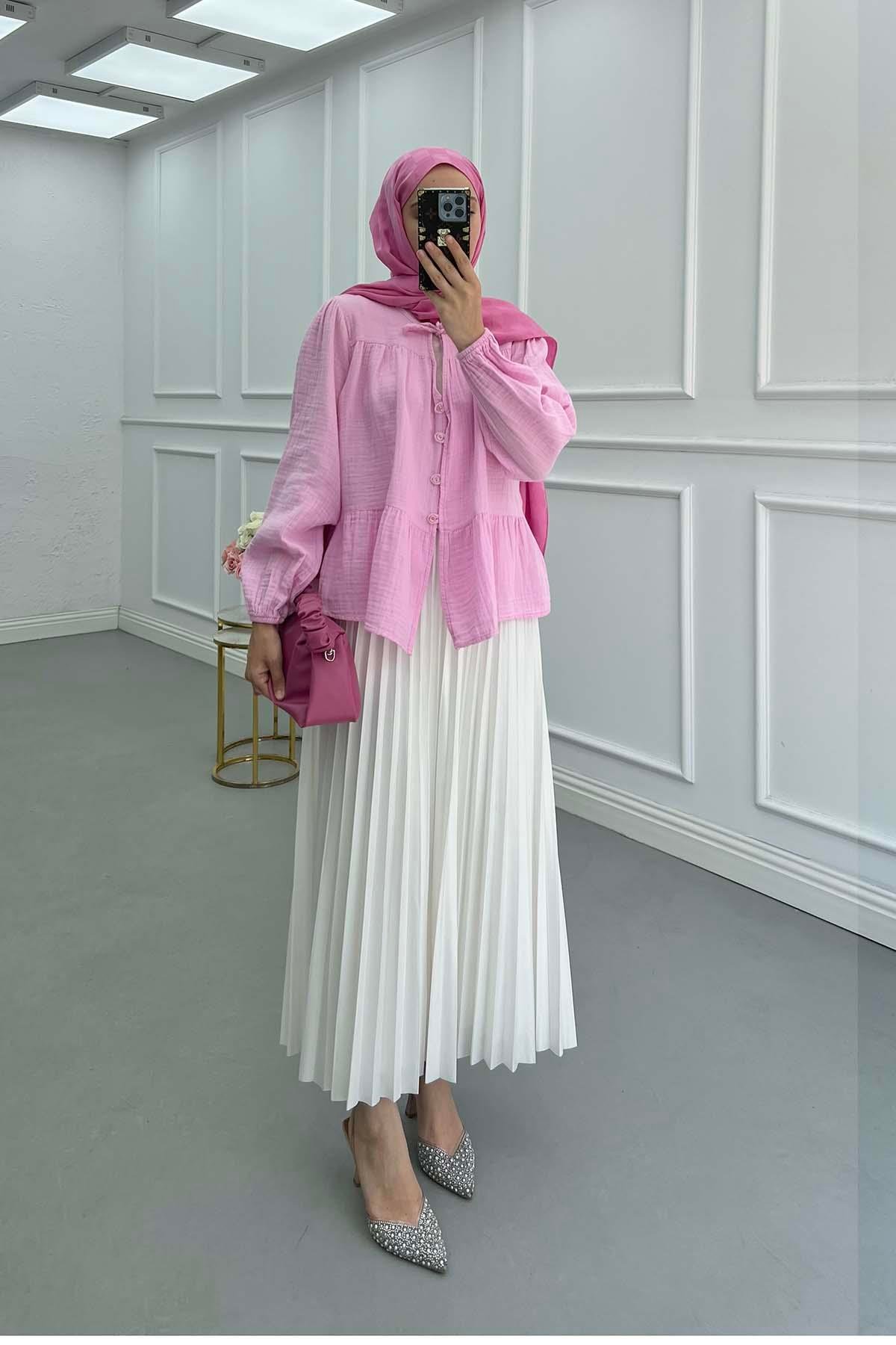 Sare Fashion Tie Collar Muslin Shirt Pink