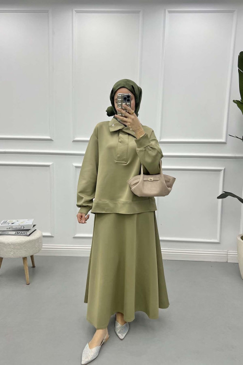Snap Collar Skirt Suit Soft Green