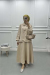 Snap Collar Skirted Suit Stone
