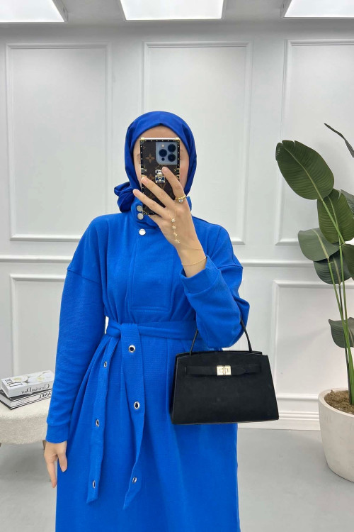Snap Collar Belted Dress in Saxe Blue