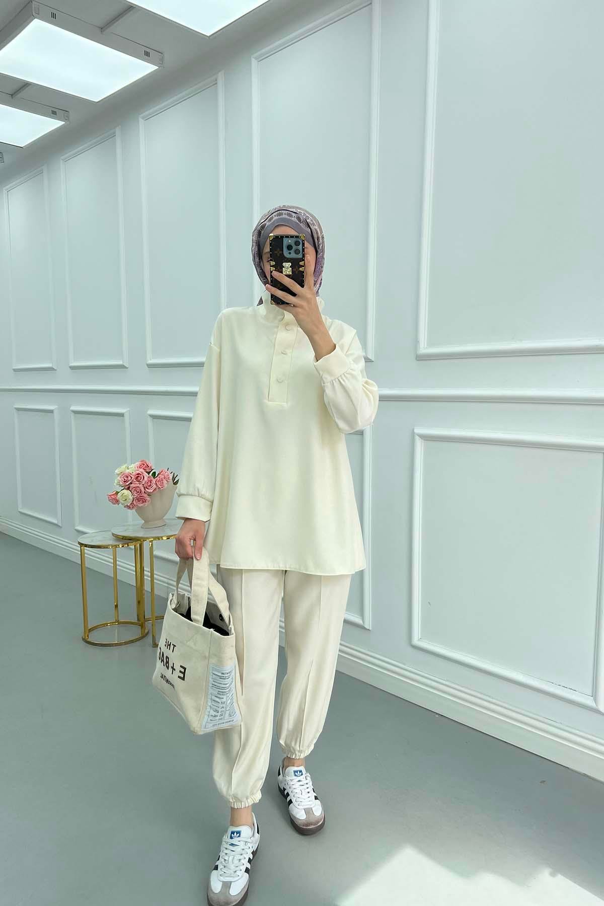 Sare Fashion Linen Suit with Snap Collar Ecru