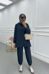 Sare Fashion Linen Suit with Snap Collar Navy Blue