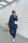 Sare Fashion Linen Suit with Snap Collar Navy Blue