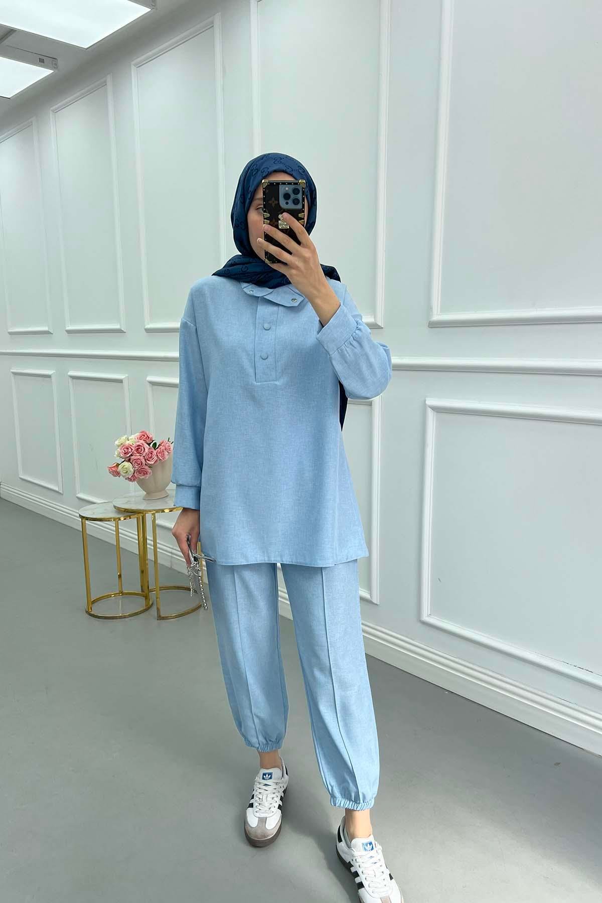 Sare Fashion Snap Collar Linen Suit Blue