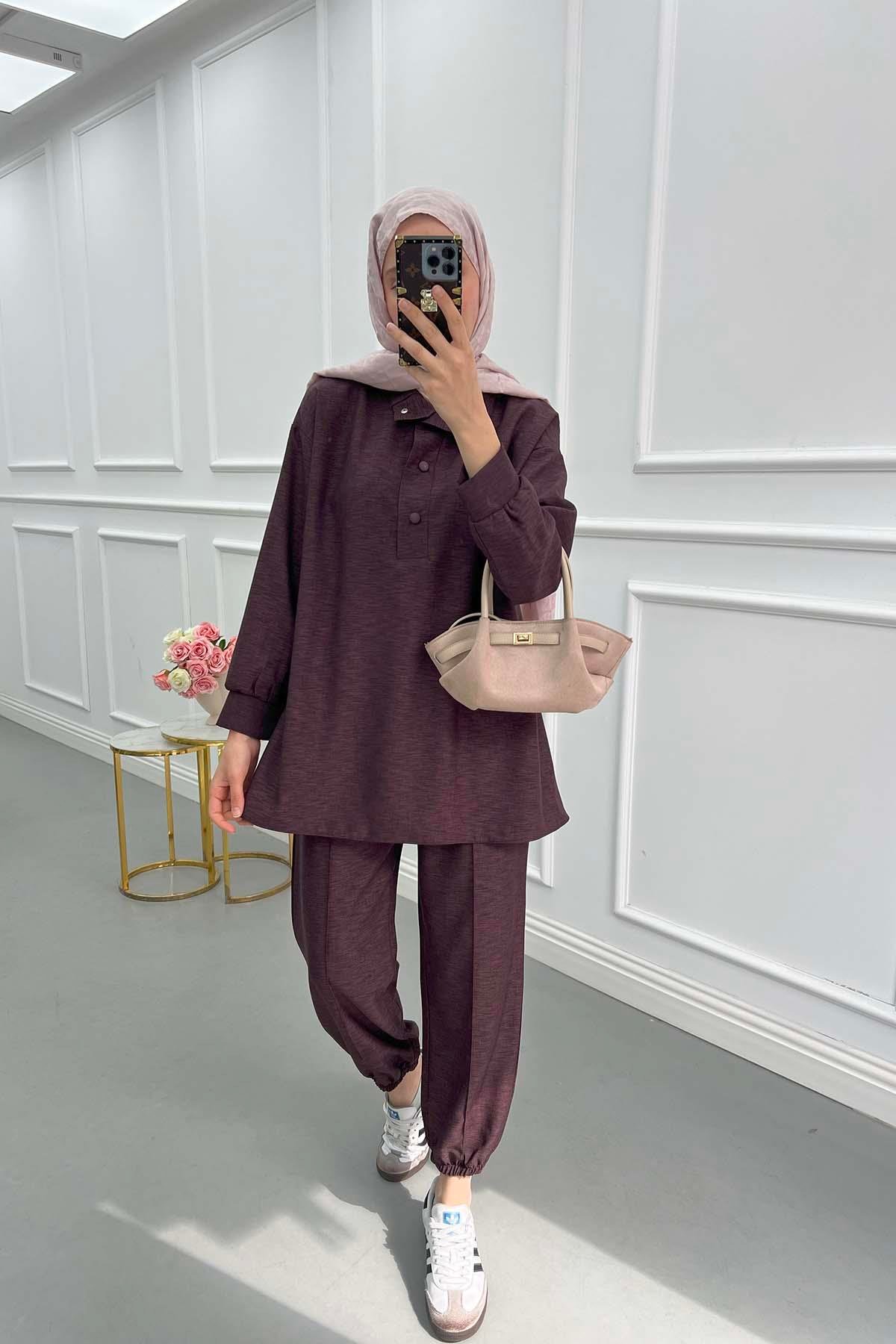 Sare Fashion Snap Collar Linen Suit Plum
