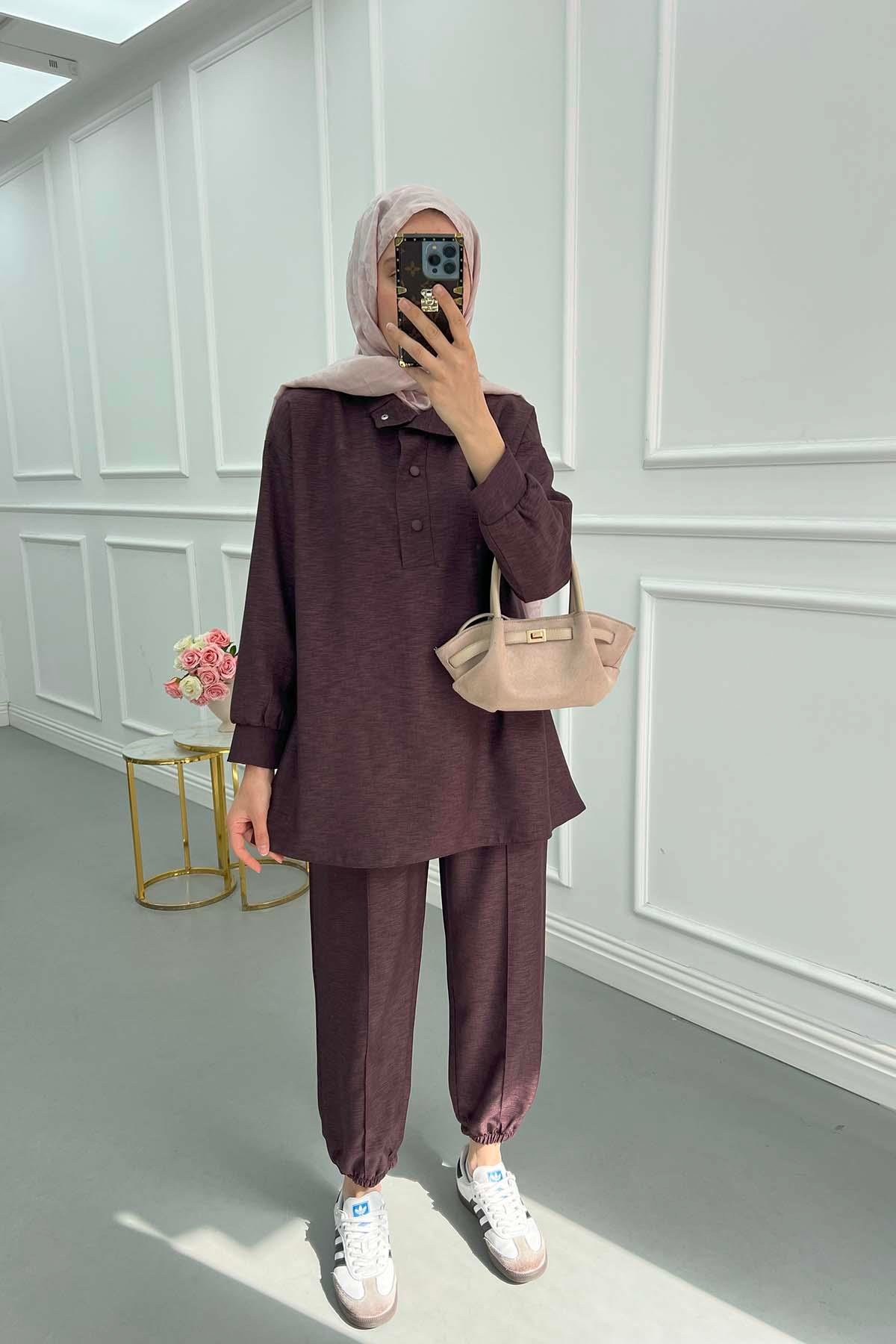 Sare Fashion Snap Collar Linen Suit Plum