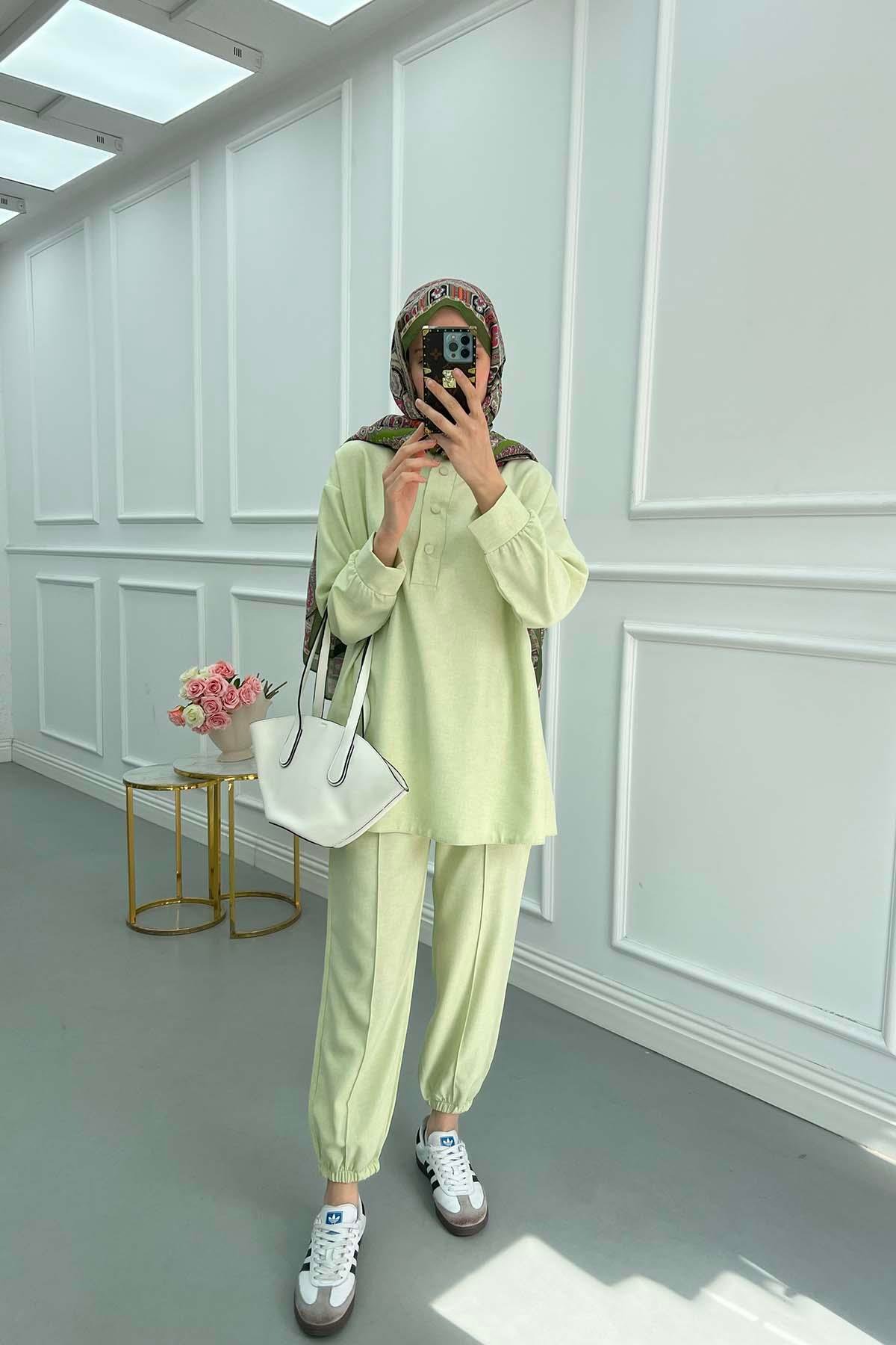 Sare Fashion Snap Collar Linen Suit Nile Green