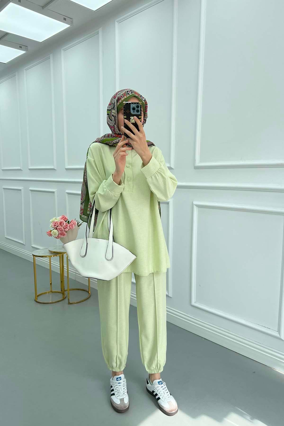 Sare Fashion Snap Collar Linen Suit Nile Green