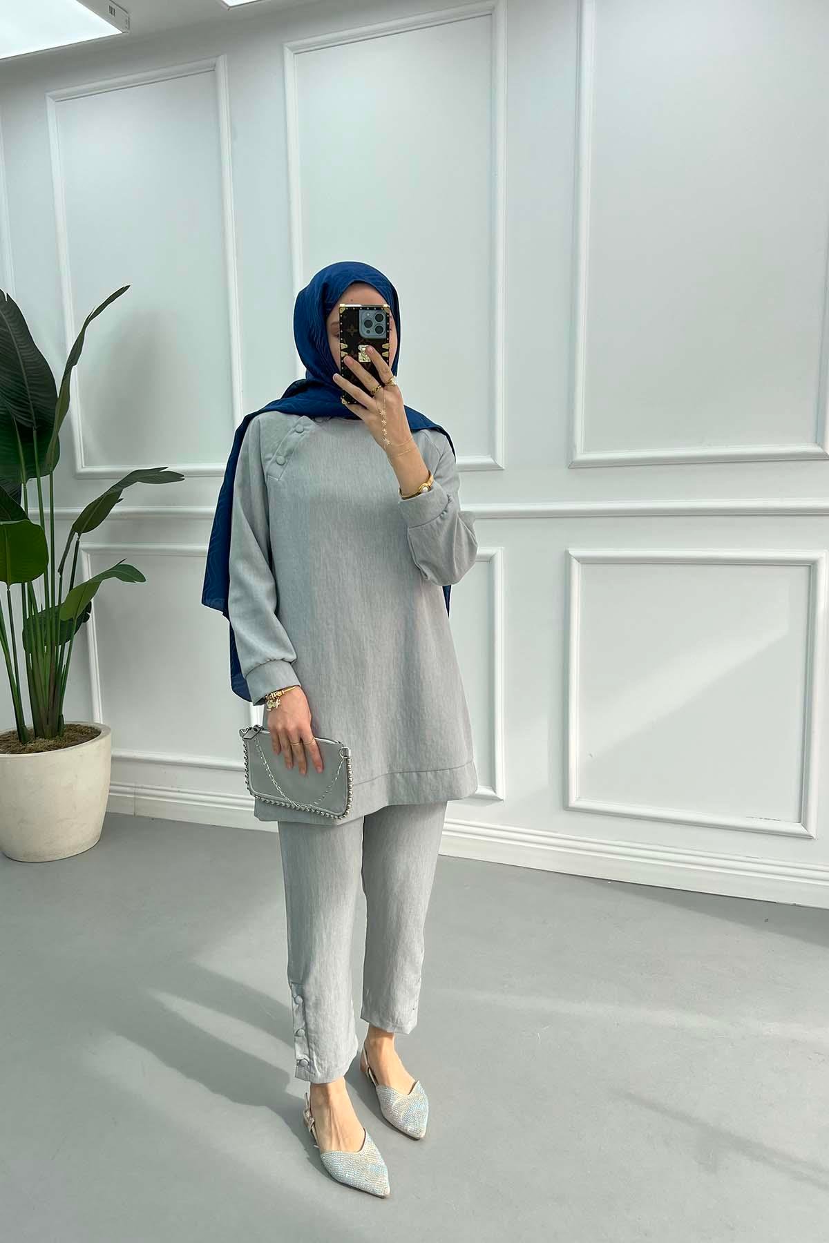 Tunic Set with Snap Collar Light Gray