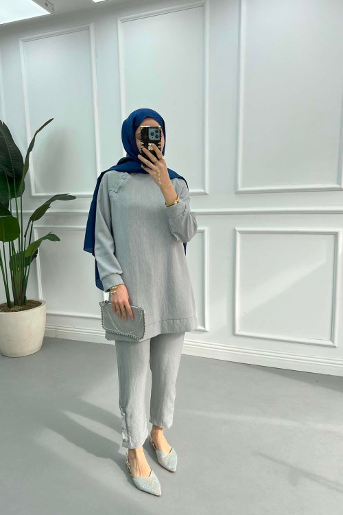 Tunic Set with Snap Collar Light Gray