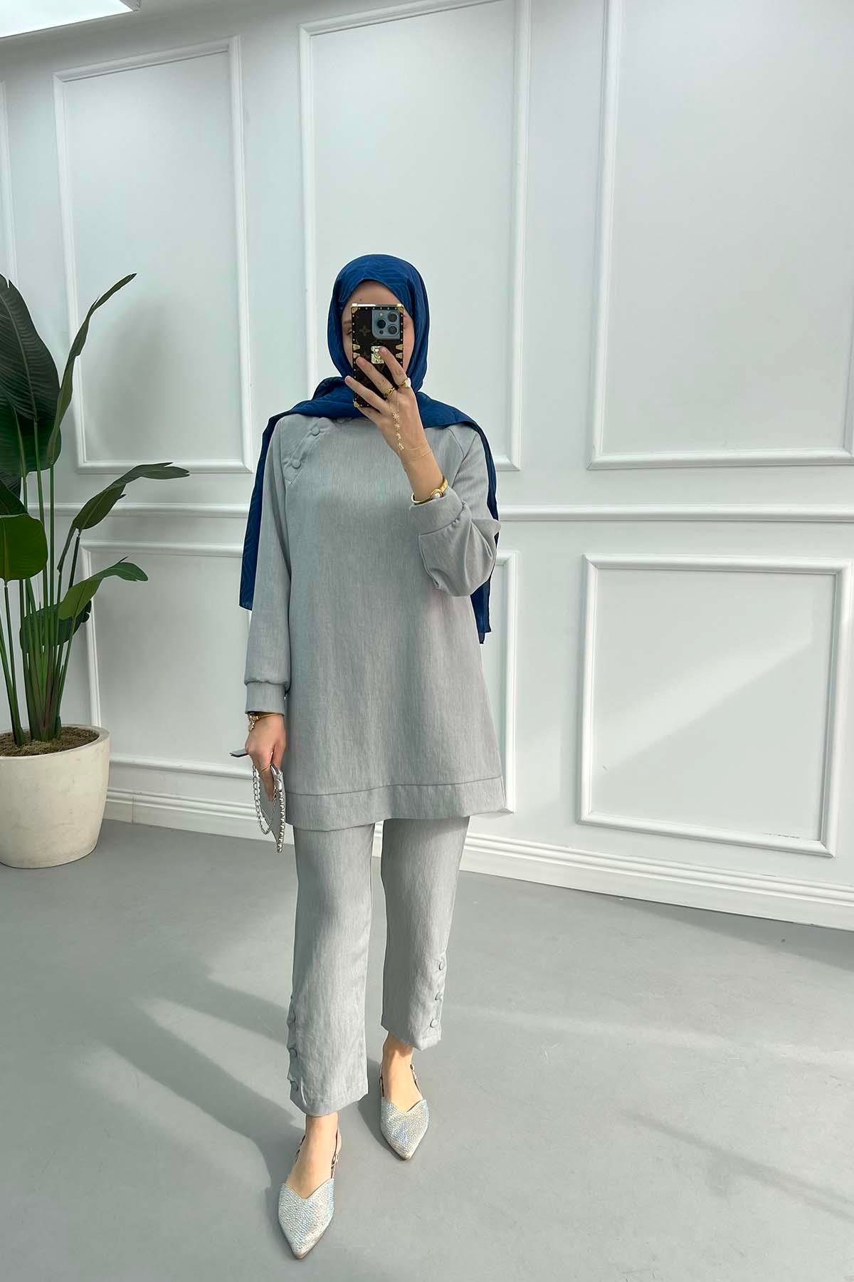 Tunic Set with Snap Collar Light Gray