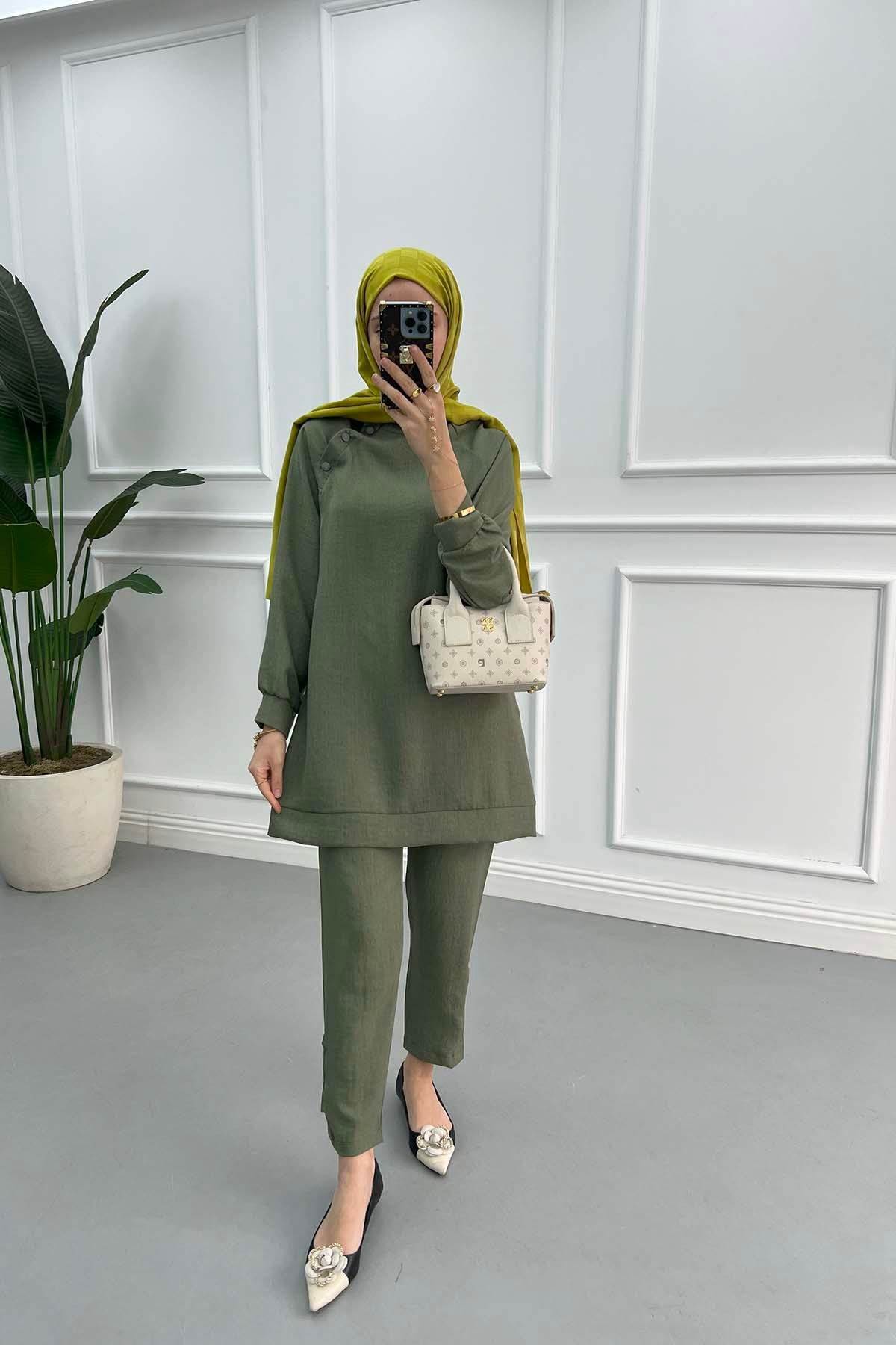 Snap Collar Tunic Set Khaki