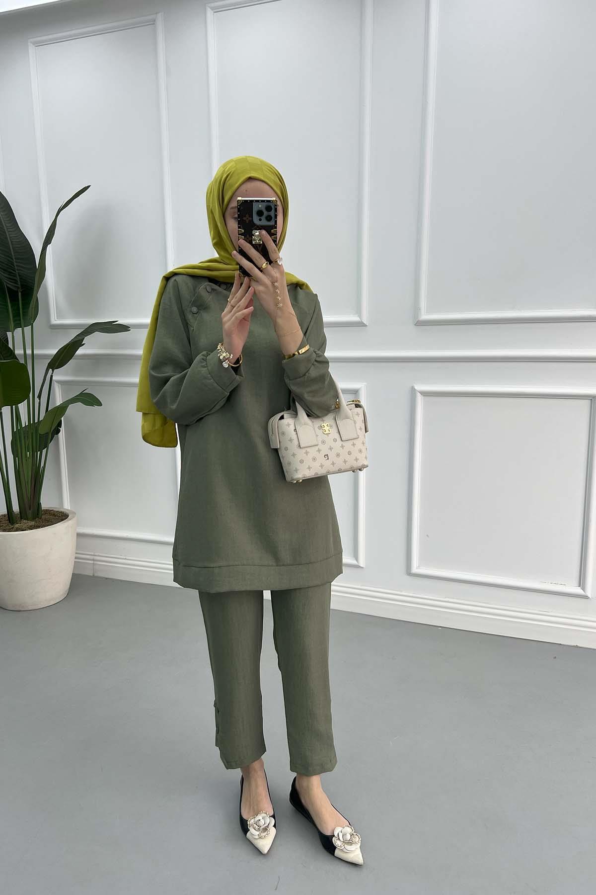 Snap Collar Tunic Set Khaki