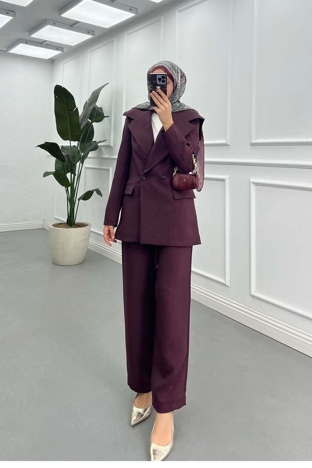 Sare Fashion Collar Detailed Lined Jacket Suit Burgundy