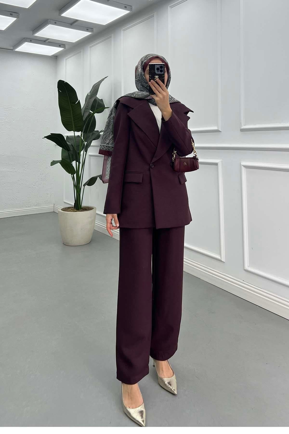 Sare Fashion Collar Detailed Lined Jacket Suit Burgundy