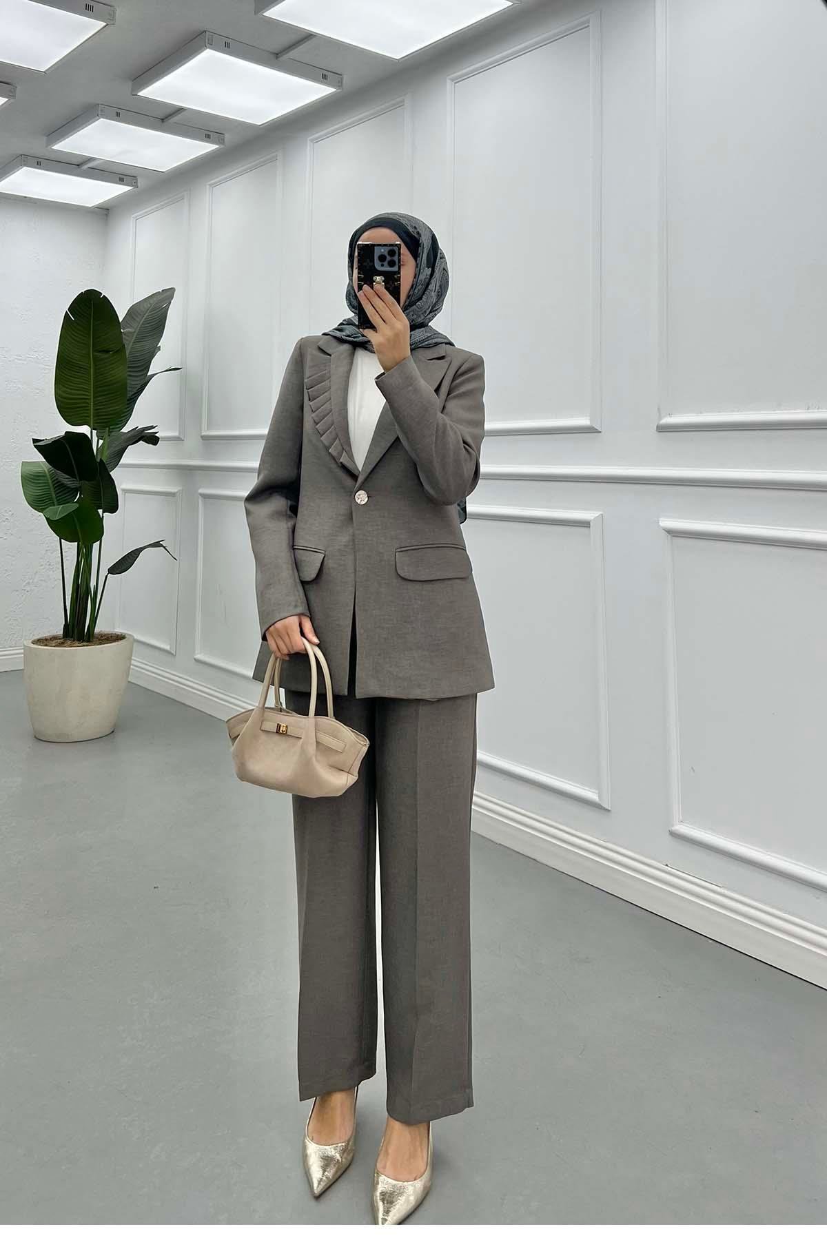 Sare Fashion Collar Detailed Lined Jacket Set Gray