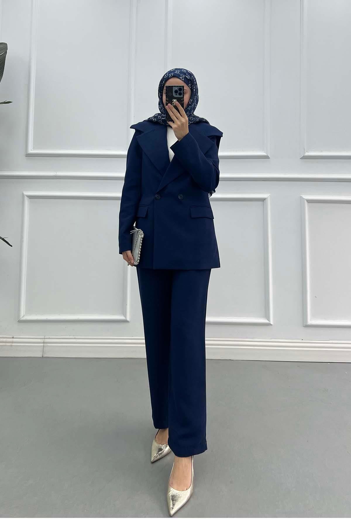 Sare Fashion Collar Detailed Lined Jacket Suit Navy Blue