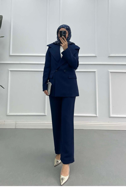 Sare Fashion Collar Detailed Lined Jacket Suit Navy Blue Sare Fashion Collar Detailed Lined Jacket Suit Navy Blue