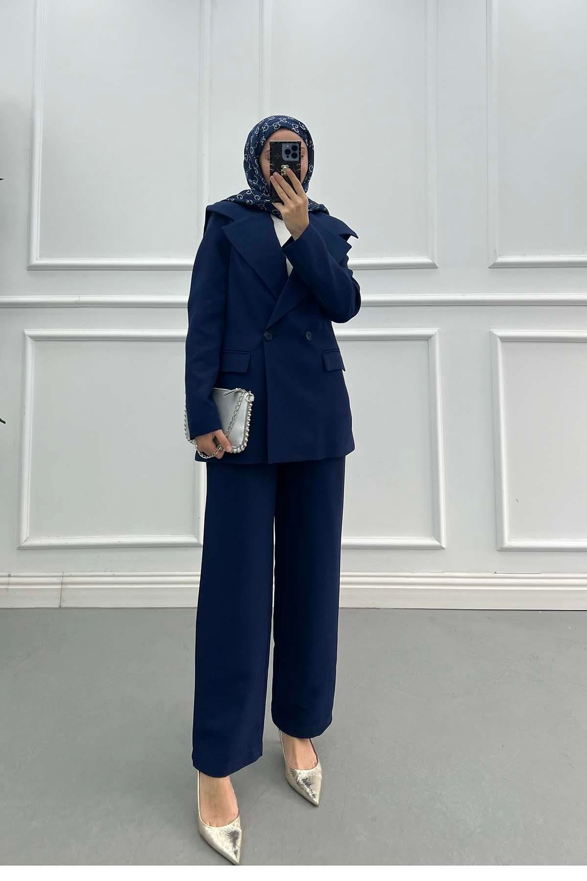 Sare Fashion Collar Detailed Lined Jacket Suit Navy Blue