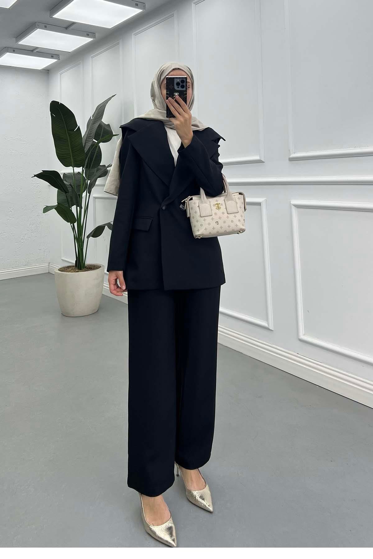 Sare Fashion Collar Detailed Lined Jacket Set Black