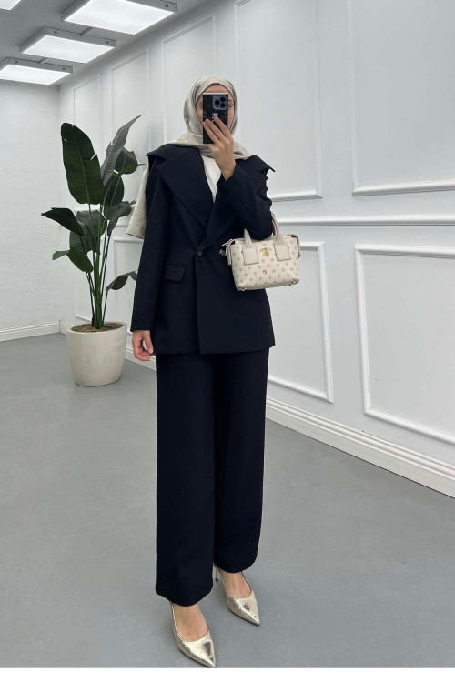 Sare Fashion Collar Detailed Lined Jacket Set Black Sare Fashion Collar Detailed Lined Jacket Set Black