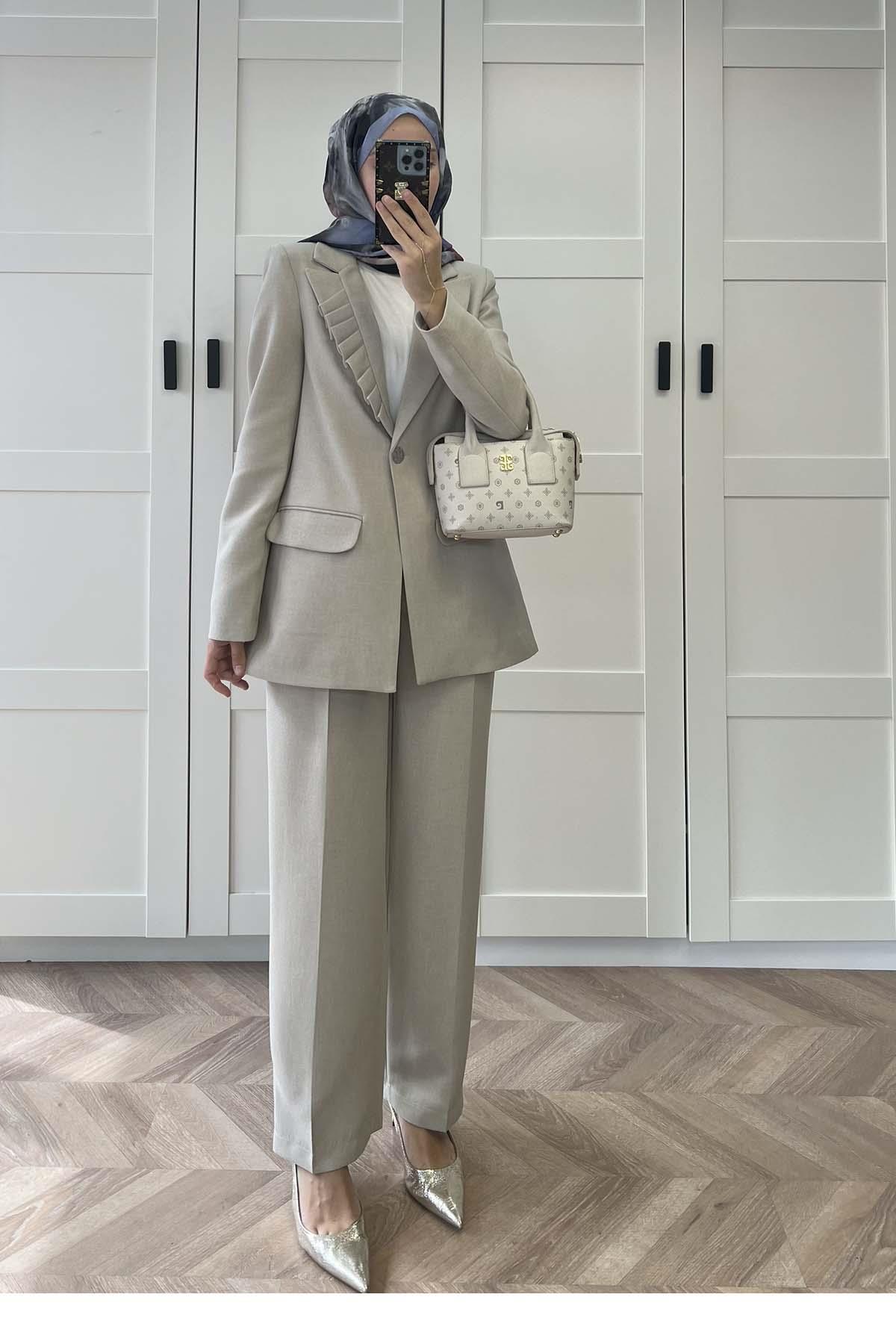 Sare Fashion Collar Detailed Lined Jacket Set Stone