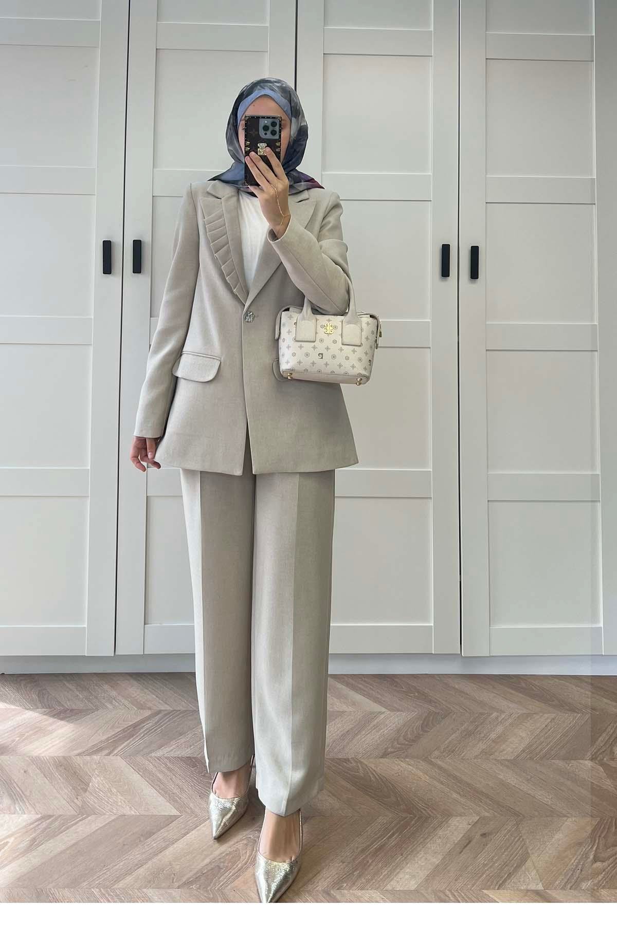 Sare Fashion Collar Detailed Lined Jacket Set Stone